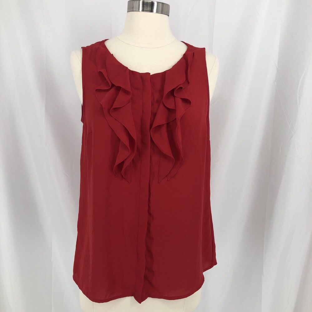 Ann Taylor LOFT Women's Sleeveless Red Top Size Small Ruffle Neck Button